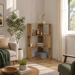 Compact 3-Tier Corner Bookcase in Brown Engineered Wood