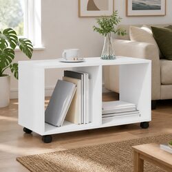 Compact White Storage Cabinet with Swivel Wheels