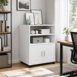 Mobile White Storage Cabinet with Swivel Wheels