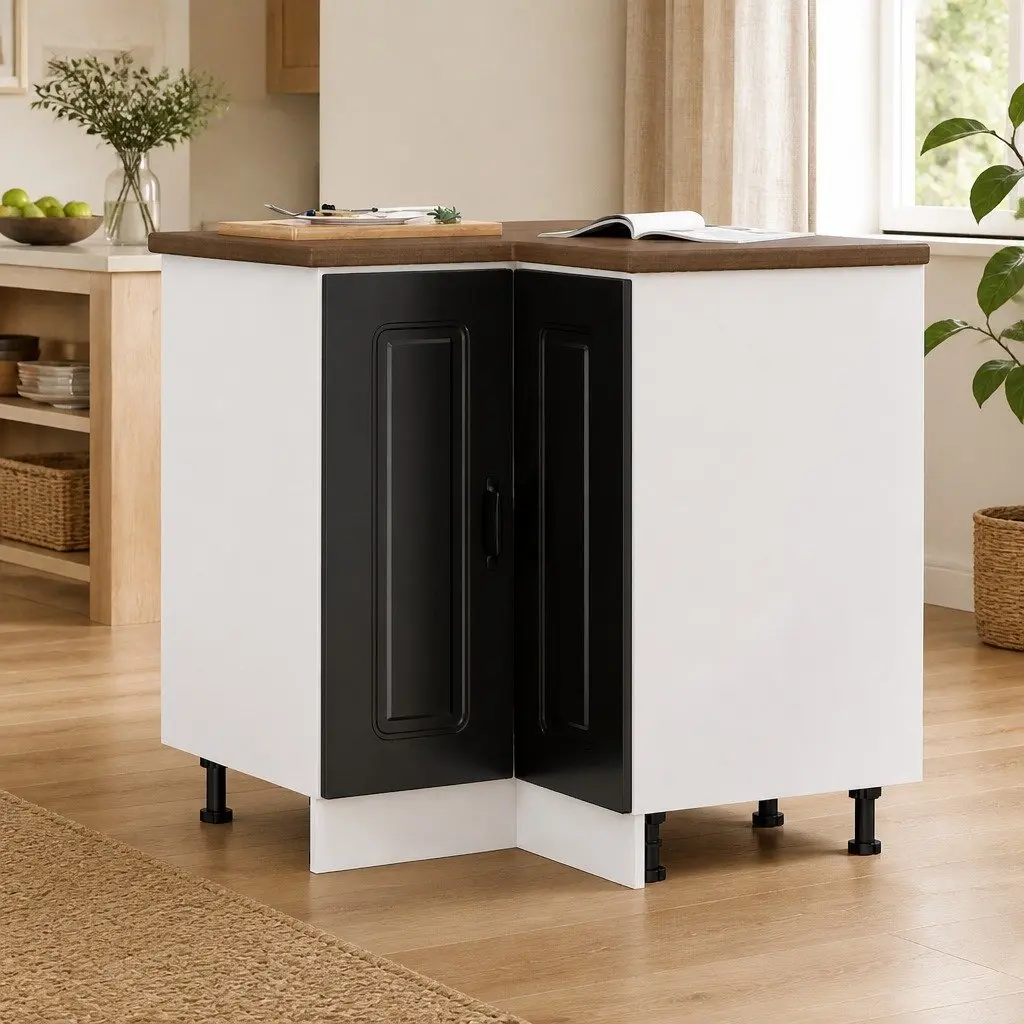Kitchen Corner Base Cabinet Engineered Wood Adjustable Feet Black