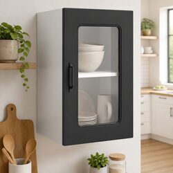 Black Engineered Wood Kitchen Wall Cabinet with Glass Door