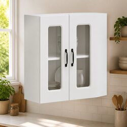 Wall-Mounted Kitchen Storage Cabinet in White with Glass Door