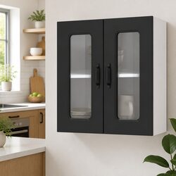 Wall-Mounted Black Kitchen Cabinet with Glass Door