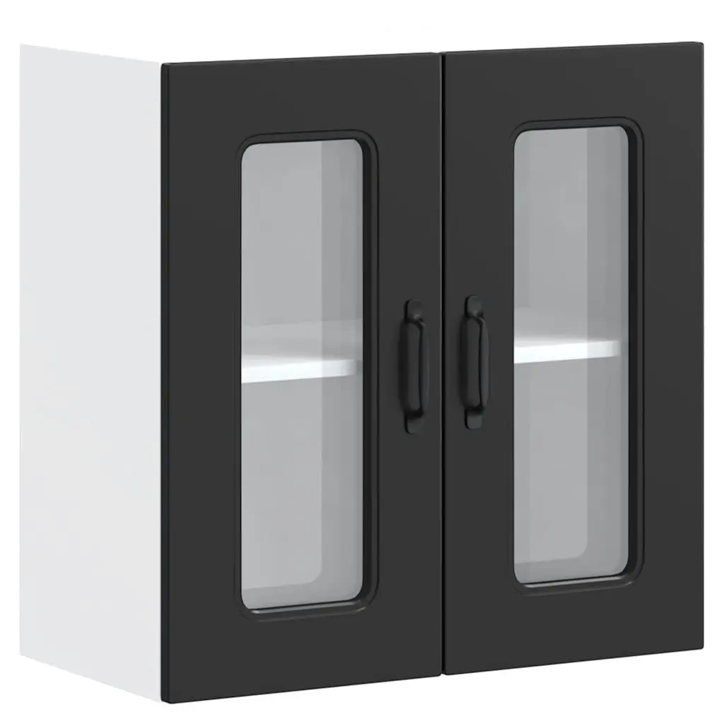 Wall-Mounted Storage Unit Engineered Wood Black Glass Door Kitchen Cabinet