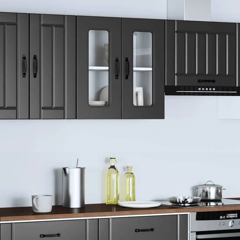 Wall-Mounted Storage Unit Engineered Wood Black Glass Door Kitchen Cabinet