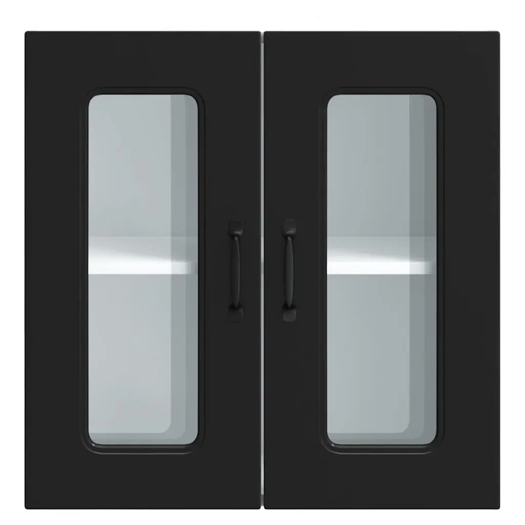 Wall-Mounted Storage Unit Engineered Wood Black Glass Door Kitchen Cabinet