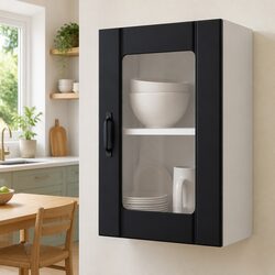Black Engineered Wood Kitchen Wall Cabinet with Glass Door