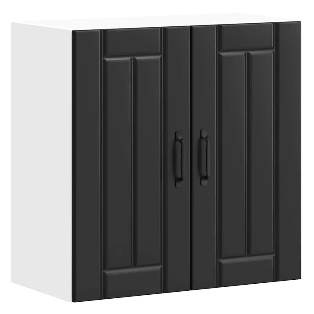 Wall-Mounted Kitchen Cabinet Black Engineered Wood Glass Door Storage Space