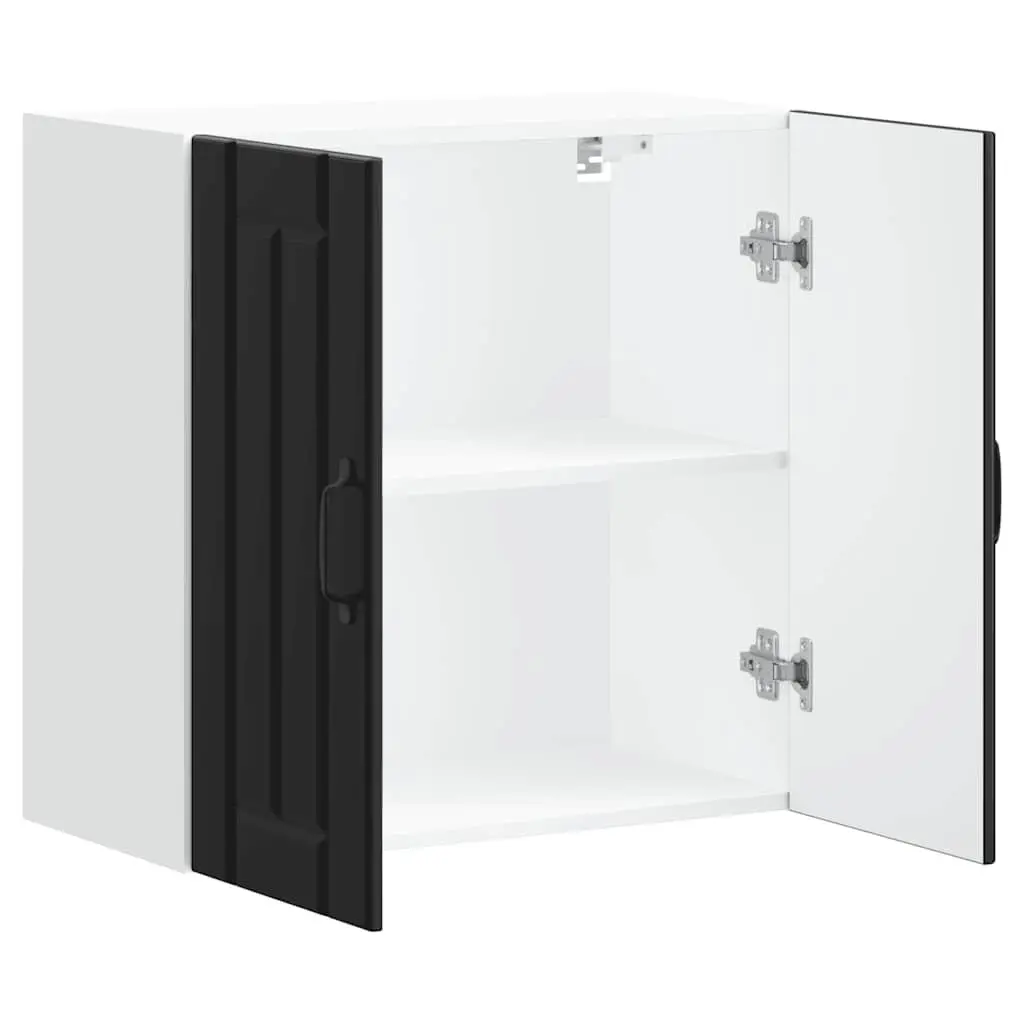 Wall-Mounted Kitchen Cabinet Black Engineered Wood Glass Door Storage Space