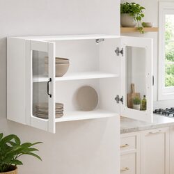 Glass Door Kitchen Wall Cabinet in White Engineered Wood