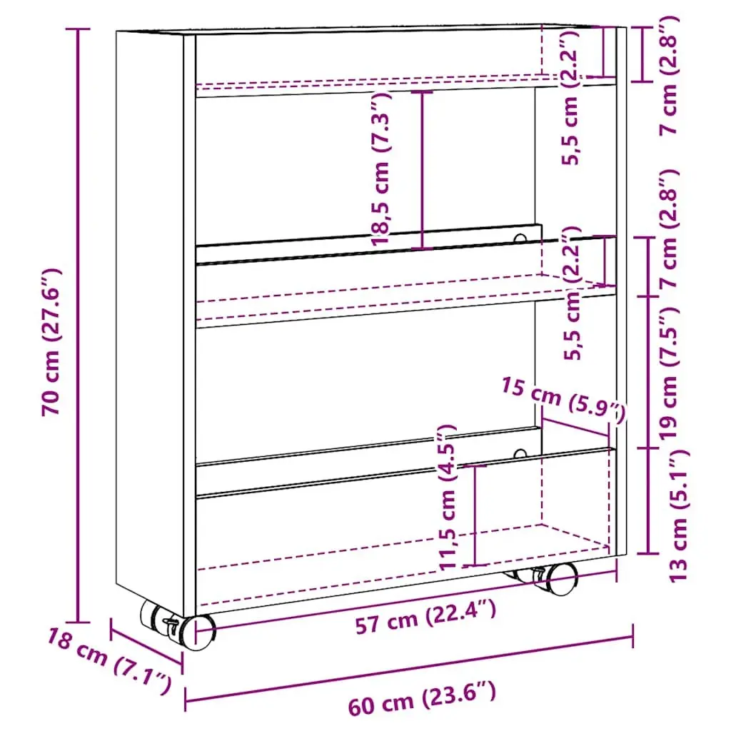 Narrow Storage Trolley 3 Tier Compact White Rolling Cart with Swivel Wheels