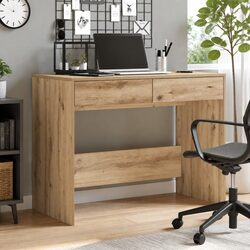 Brown Artisan Oak Office Desk with Engineered Wood and 2 Drawers