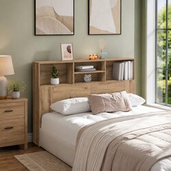 Wall-Mounted Brown Headboard Cabinet with Storage Compartments