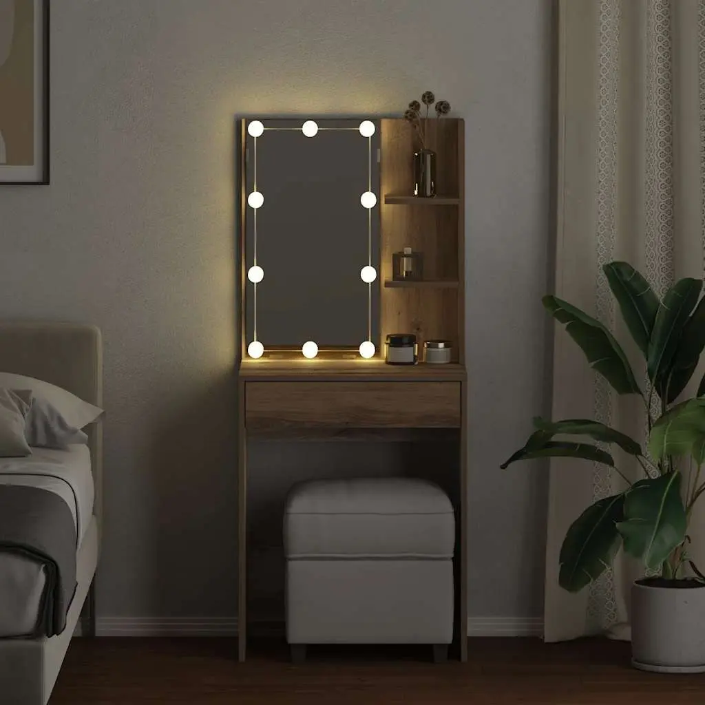 Dressing Table with Open Shelves Drawer Storage RGB LED Lights Artisan Oak 60x40x140cm