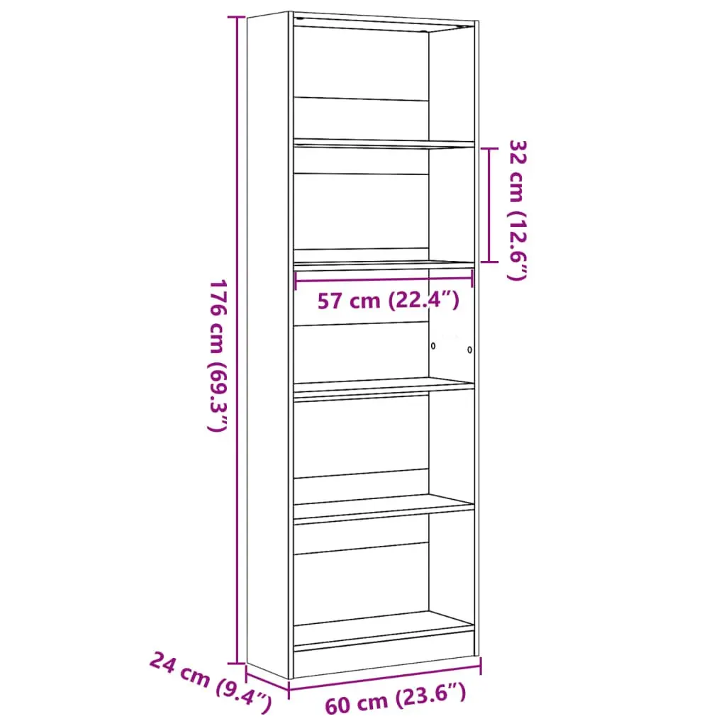 Open Shelving Bookcase White 60x24x176cm Engineered Wood Storage Cabinet for Home and Office