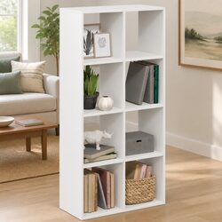 8-Compartment White Bookcase Room Divider in Engineered Wood