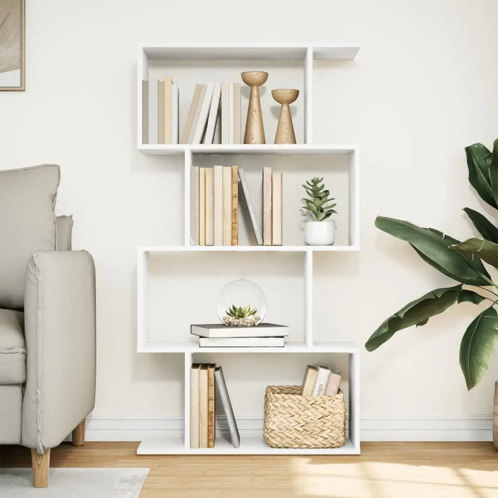 Room Divider Bookcase 4-Tier Staggered Storage White Engineered Wood Shelving Unit