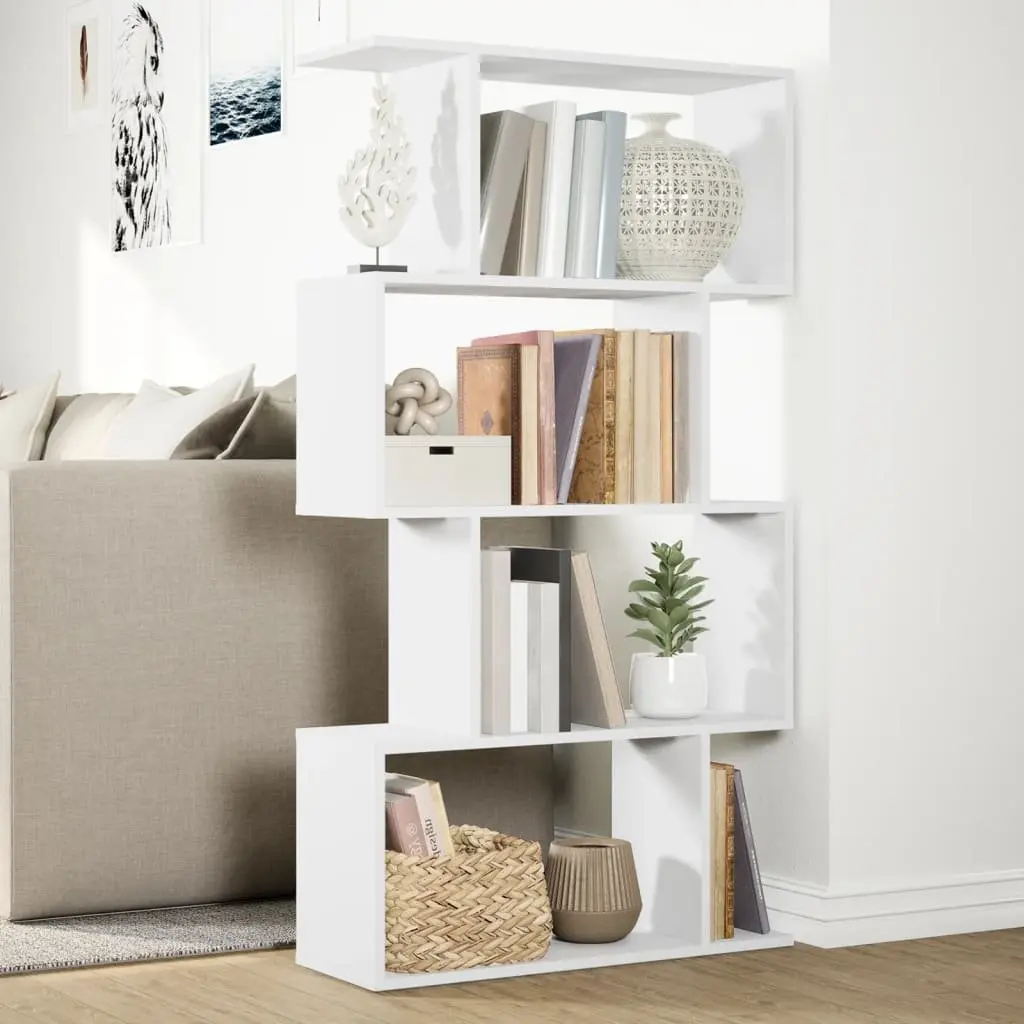 Room Divider Bookcase 4-Tier Staggered Storage White Engineered Wood Shelving Unit