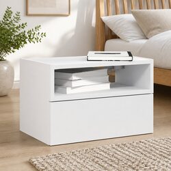 Floating White Bedside Cabinet with Drawer and Shelf