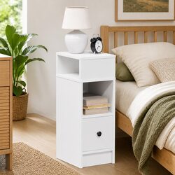 White Engineered Wood Bedside Cabinet with Drawer