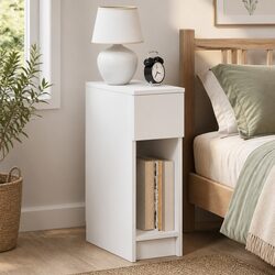 White Bedside Cabinet with Drawer and Open Storage