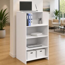 Engineered Wood White Reception Desk with Integrated Shelf