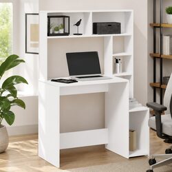 Functional White Desk with Shelving in Engineered Wood