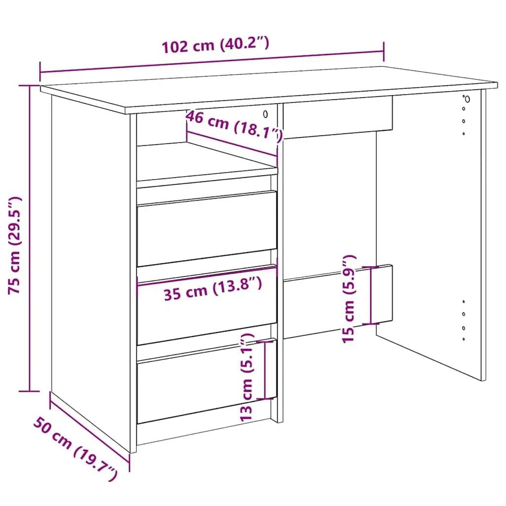 Engineered Wood Desk Spacious Storage 102x50x75cm White Home Office Study Table