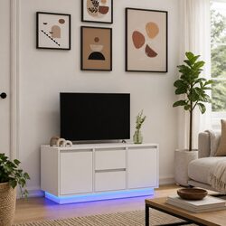 White Engineered Wood TV Cabinet with LED Lights