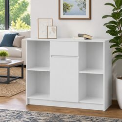 White Engineered Wood Sideboard with Drawer and Shelves
