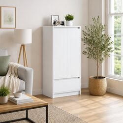 White Engineered Wood Storage Cabinet with Drawer