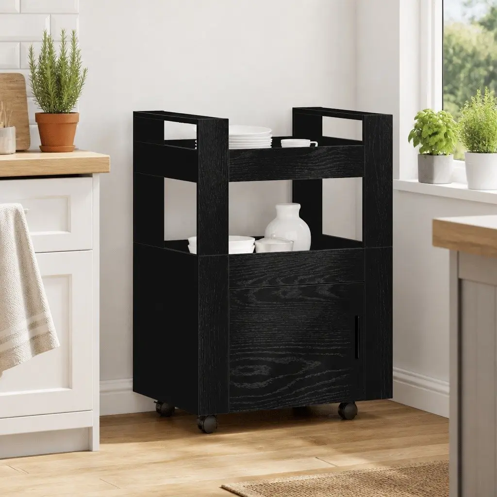 Kitchen Trolley Multi-Level Storage Compact 60 x 45 x 80 cm Black Oak Engineered Wood