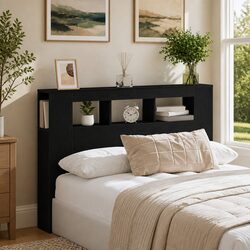 Engineered Wood Black Headboard with LED and Shelf