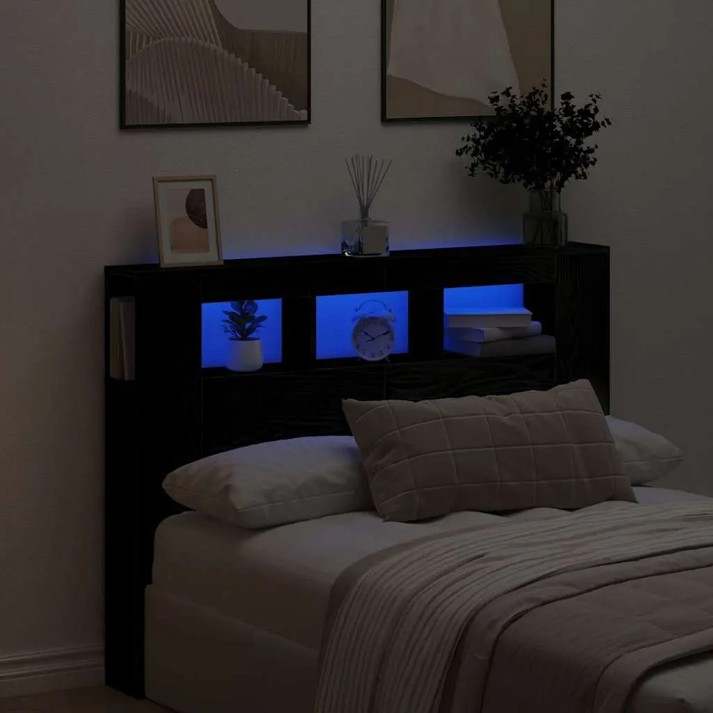 LED Headboard Storage Shelf USB Powered Black Engineered Wood Multicolour