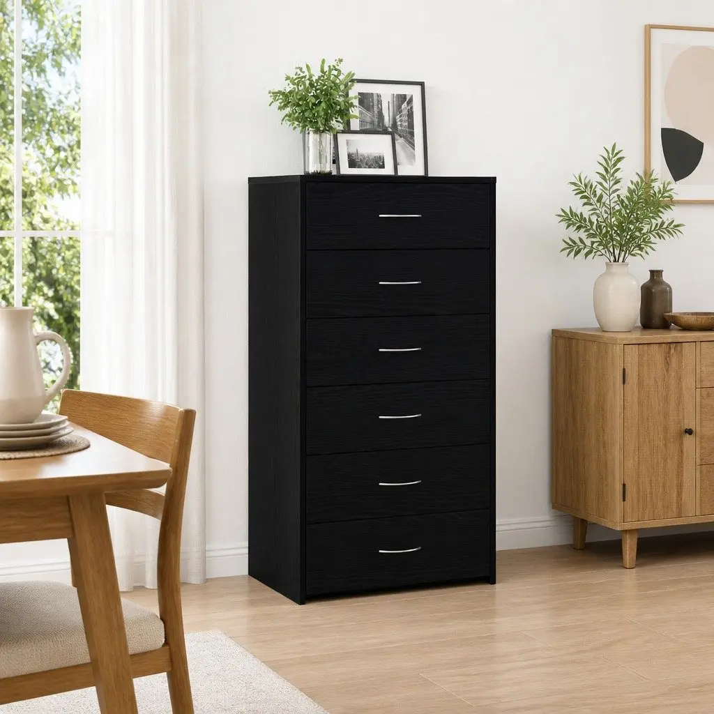 Sideboard Cabinet 6 Drawers Black Oak Engineered Wood Storage Buffet Furniture