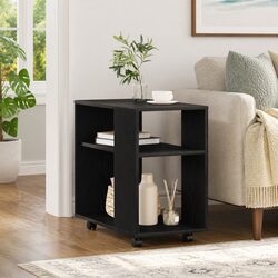 2-Tier Black Oak Side Table with Swivel Wheels 70x35x60 cm