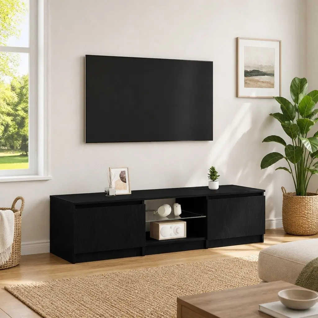 TV Cabinet Modern Media Storage Unit with LED Lights Shelves 140 x 38.5 x 36 cm Black Oak