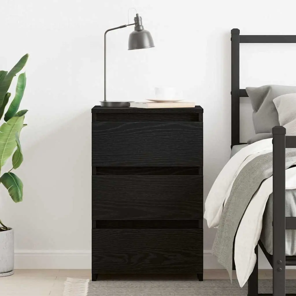 Bedside Table Compact Rustic Black Oak Engineered Wood Nightstand with Storage Drawers