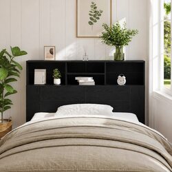 Modern Black Oak Headboard Cabinet with Shelving