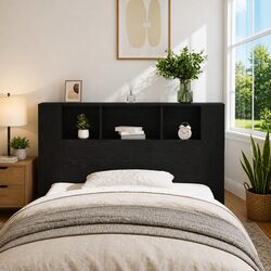 Wall-Mounted Black Oak Headboard Cabinet with Shelf