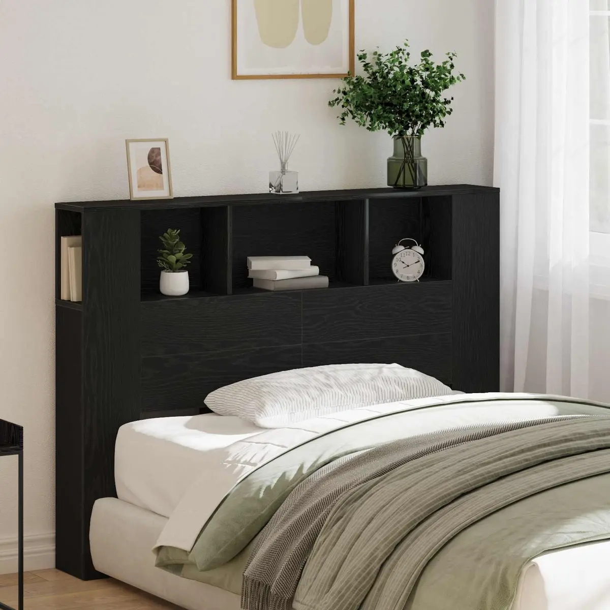 Headboard Cabinet with Storage Wall-Mounted Modern Minimalist Design Black Oak