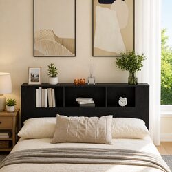 Black Engineered Wood Wall-Mounted Headboard Cabinet