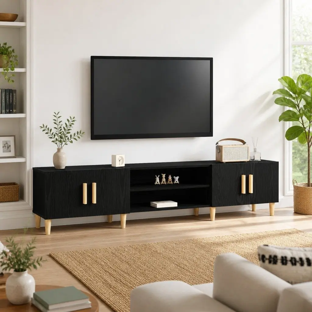 TV Cabinet Modern Engineered Wood 180cm Black Living Room Storage Unit