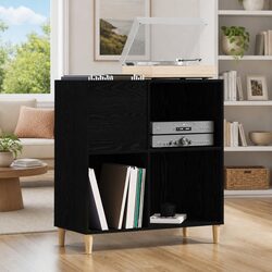 Black Oak Engineered Wood Record Cabinet Storage Unit