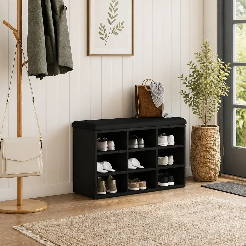 Shoe Bench with Storage Shelf Modern Black Engineered Wood