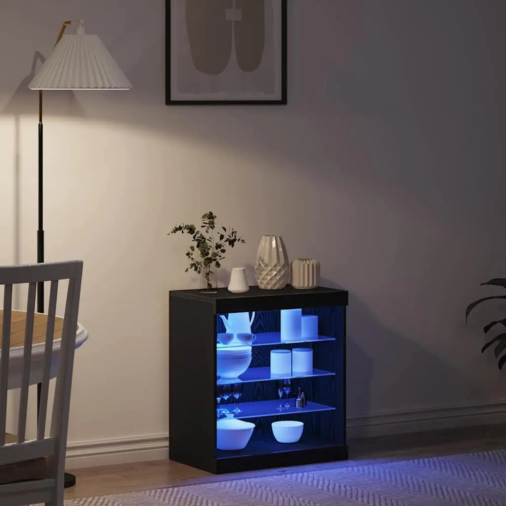 Sideboard with RGB LED Lighting Engineered Wood Glass Shelves 60.5 x 37 x 67 cm Black Oak
