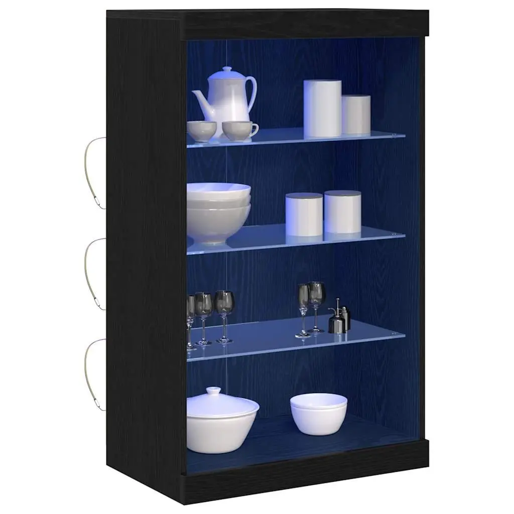 LED Sideboard Modern Storage Cabinet with Glass Shelves 60.5 cm Black Oak