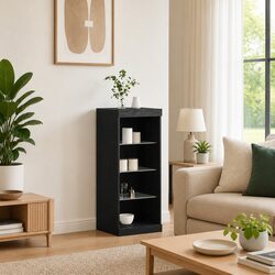 LED Sideboard in Black Oak with Glass Shelves and Drawers