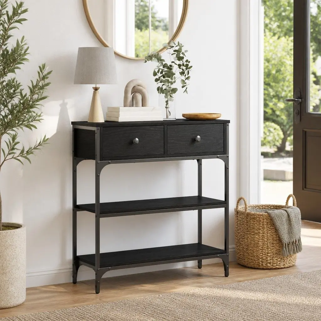 Industrial Style Console Table Black Engineered Wood Steel Frame with Open Shelving and Drawers 725x25x75cm