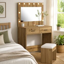 Dressing Table with LED Lights and Storage in Brown
